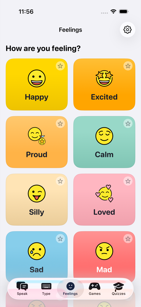 The Feelings screen with big feeling cards like happy, excited, proud and calm