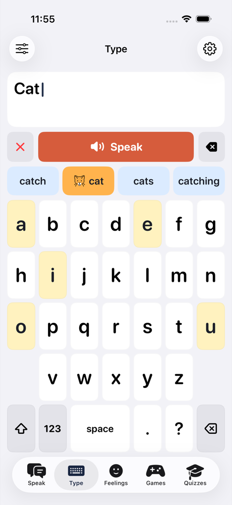 The Type screen with a big alphabet keyboard and picture word suggestions